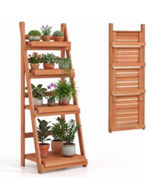 4-Tier Foldable Fir Wood Plant Stand with Slatted Shelves