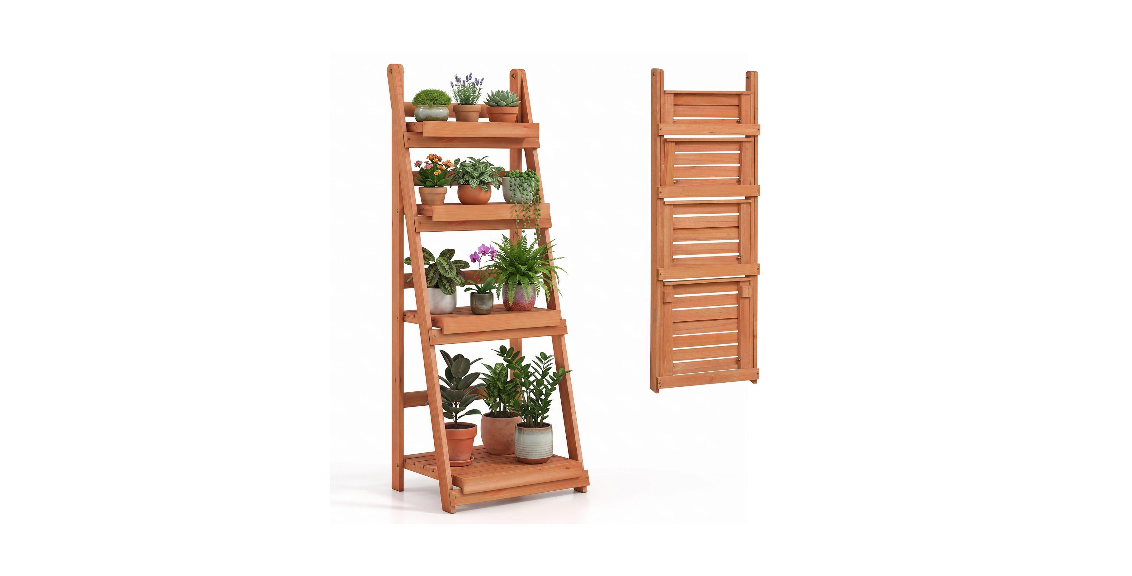 Sugift 4-Tier Foldable Fir Wood Plant Stand with Slatted Shelves