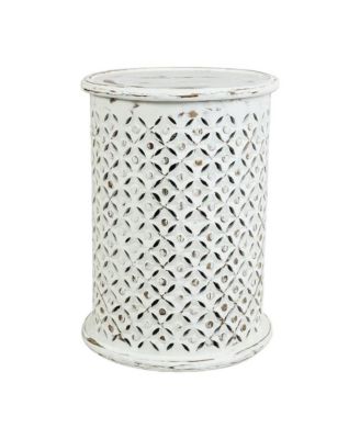 Solid Mango Wood Round Drum End Table with Distressed Finish