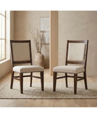 Acacia Veneer Cotton-Linen Upholstered Accent Chairs, Set of 2