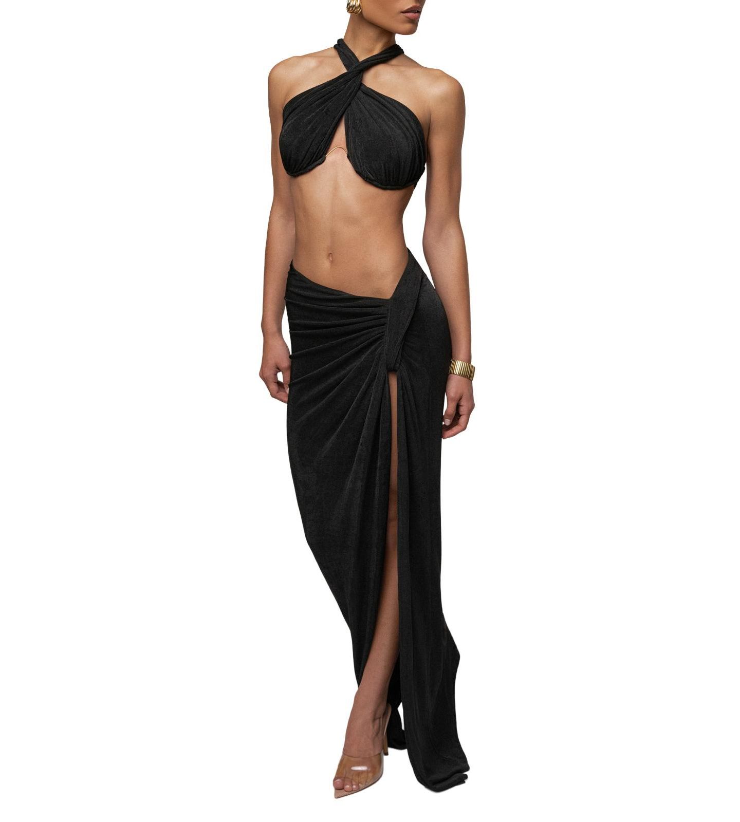 Женский комплект JLUXLABEL City After Dark Open-Back Thigh-High Slit Halter Top and Maxi Skirt, 2-Piece Set, цвет: Чёрный — фото 8