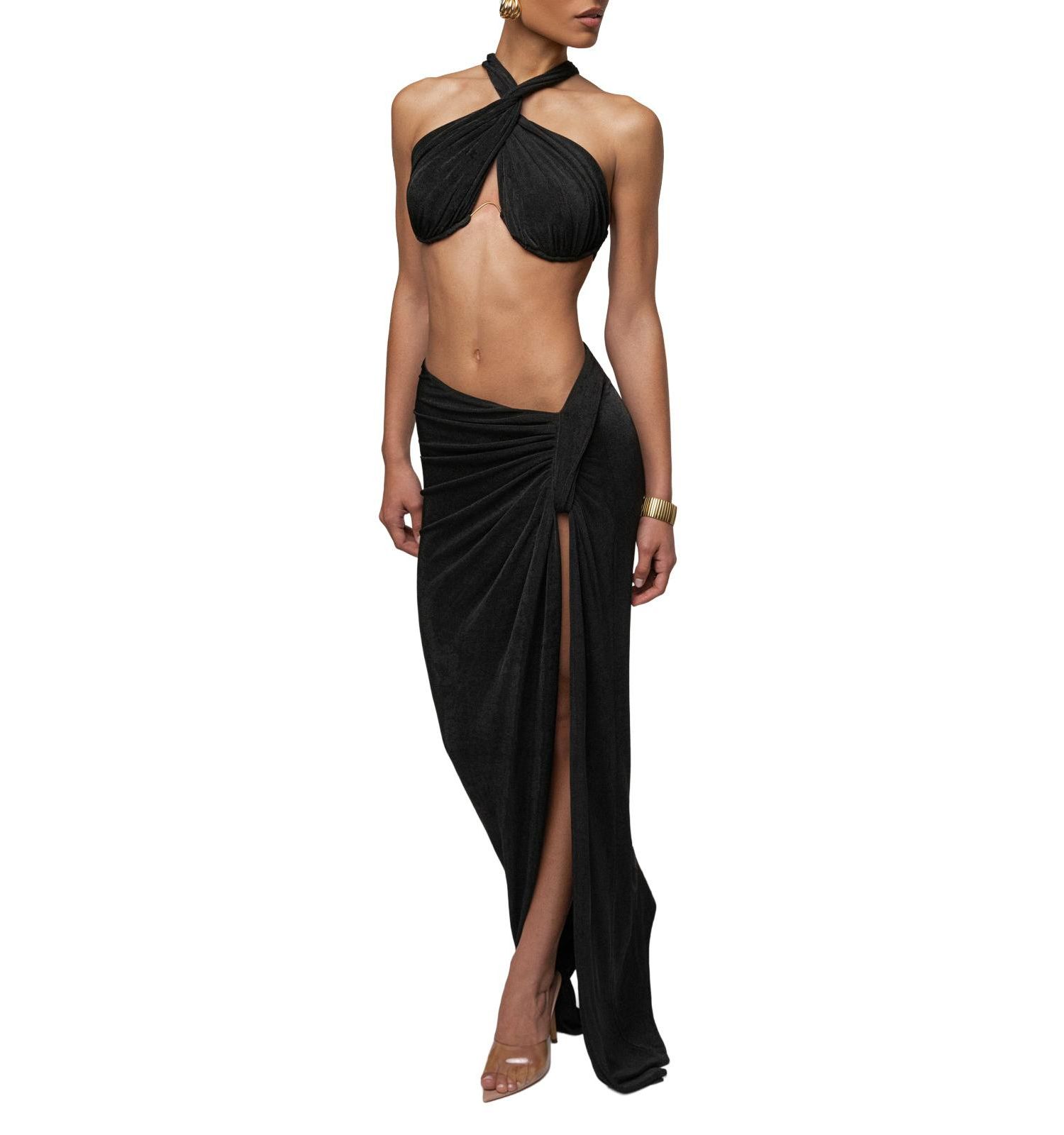 Women's City After Dark Open-Back Thigh-High Slit Halter Top and Maxi Skirt, 2-Piece Set