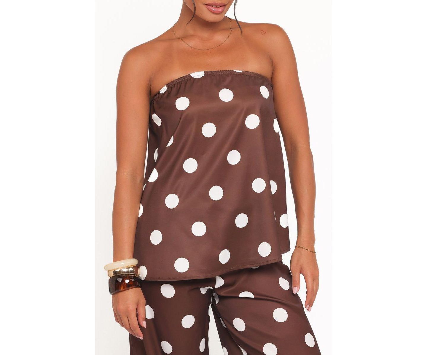 Женский комплект Petal and Pup Brielle Polka-Dot Strapless Wide-Leg Top and Pants, 2-Piece Set, цвет: Коричневый в горошек — фото 4
