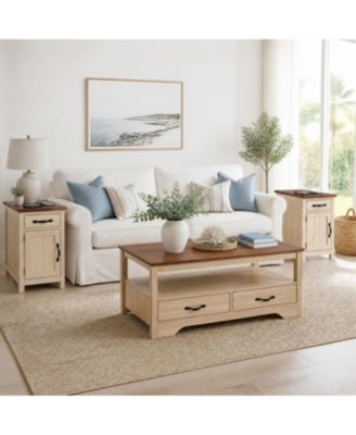 Farmhouse Living Room Table Set - 4-Drawer Coffee Table + 2 Flip-Top Charging End Tables with USB Ports, for Small Spaces
