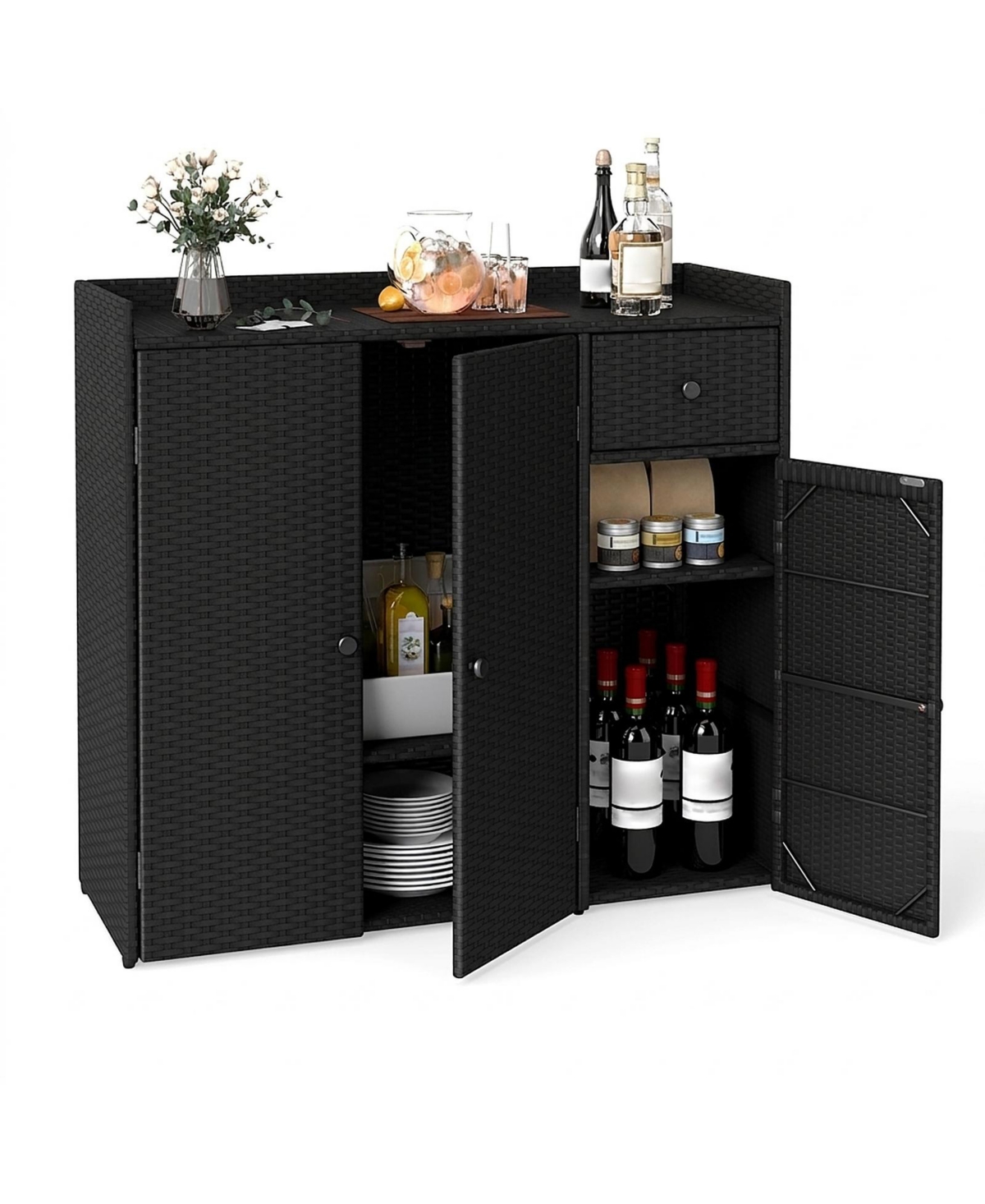 Sugift Outdoor Storage Cabinet with 3 Doors Adjustable Shelves and Drawer - Black