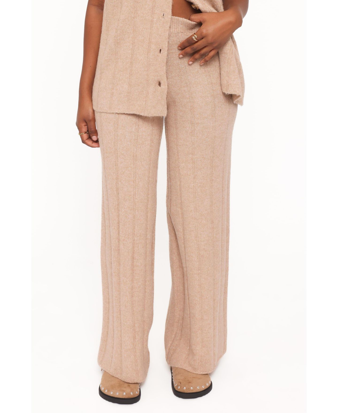 Женский комплект Petal and Pup Wallace Wide-Leg Ribbed Short-Sleeve Top and Pants, 2-Piece Set, цвет: Светлый бежевый — фото 5