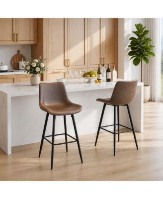 Bar Stools Set of 2 with Backs, Counter Height Faux Leather Barstools, Metal Legs, Sawtooth Stitching, 350 lb