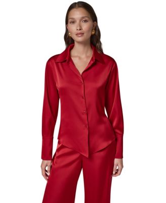 Women's V-Neck Satin Collared Long-Sleeve Blouse