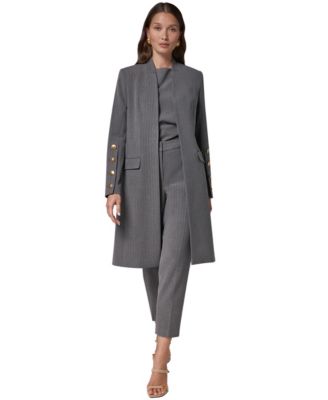 Women's Pinstripe Long Lined Jacket, Boat Neck Sleeveless Asymmetrical Blouse & Pinstripe Slim Ankle Pants