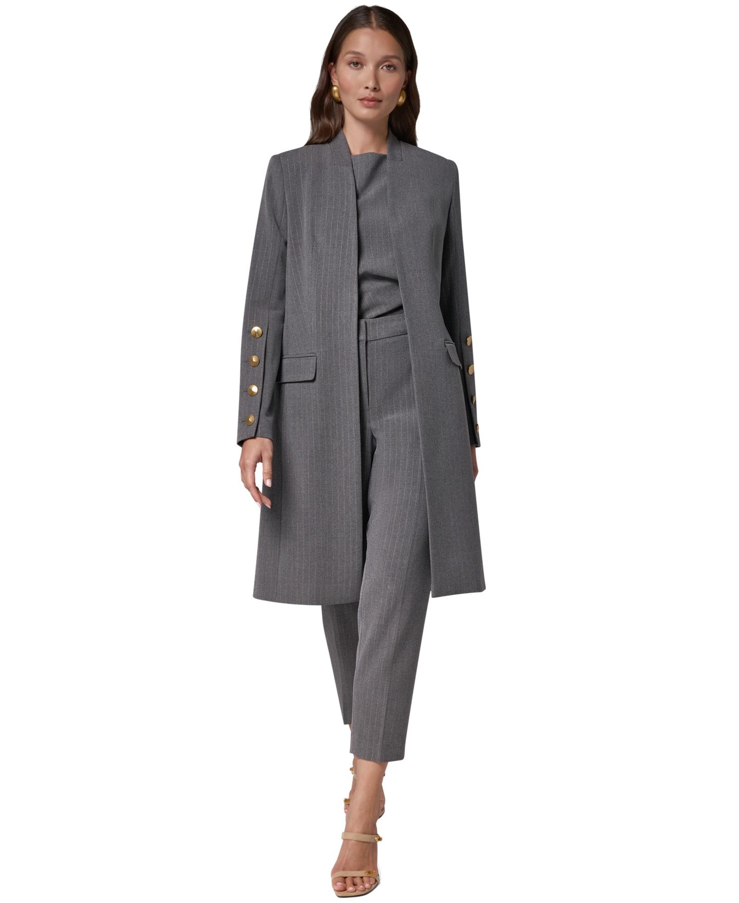 Женская удлинённая куртка Donna Karan New York в тонкую полоску на подкладке, цвет: Светлый меланжевый серый — фото 2