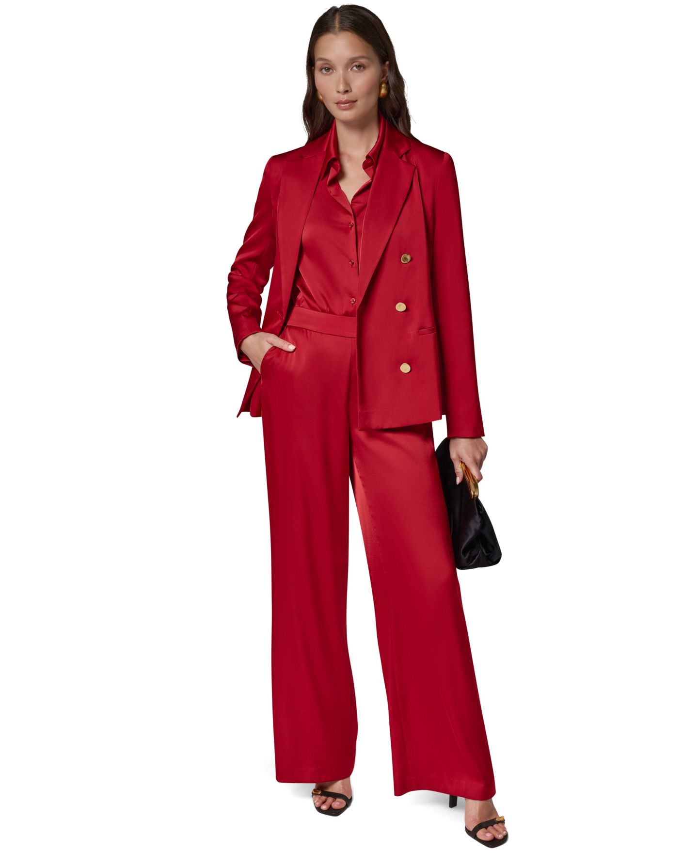 Женский двубортный атласный блейзер Donna Karan New York с плечевыми накладками, цвет: Красный бархатный — фото 4
