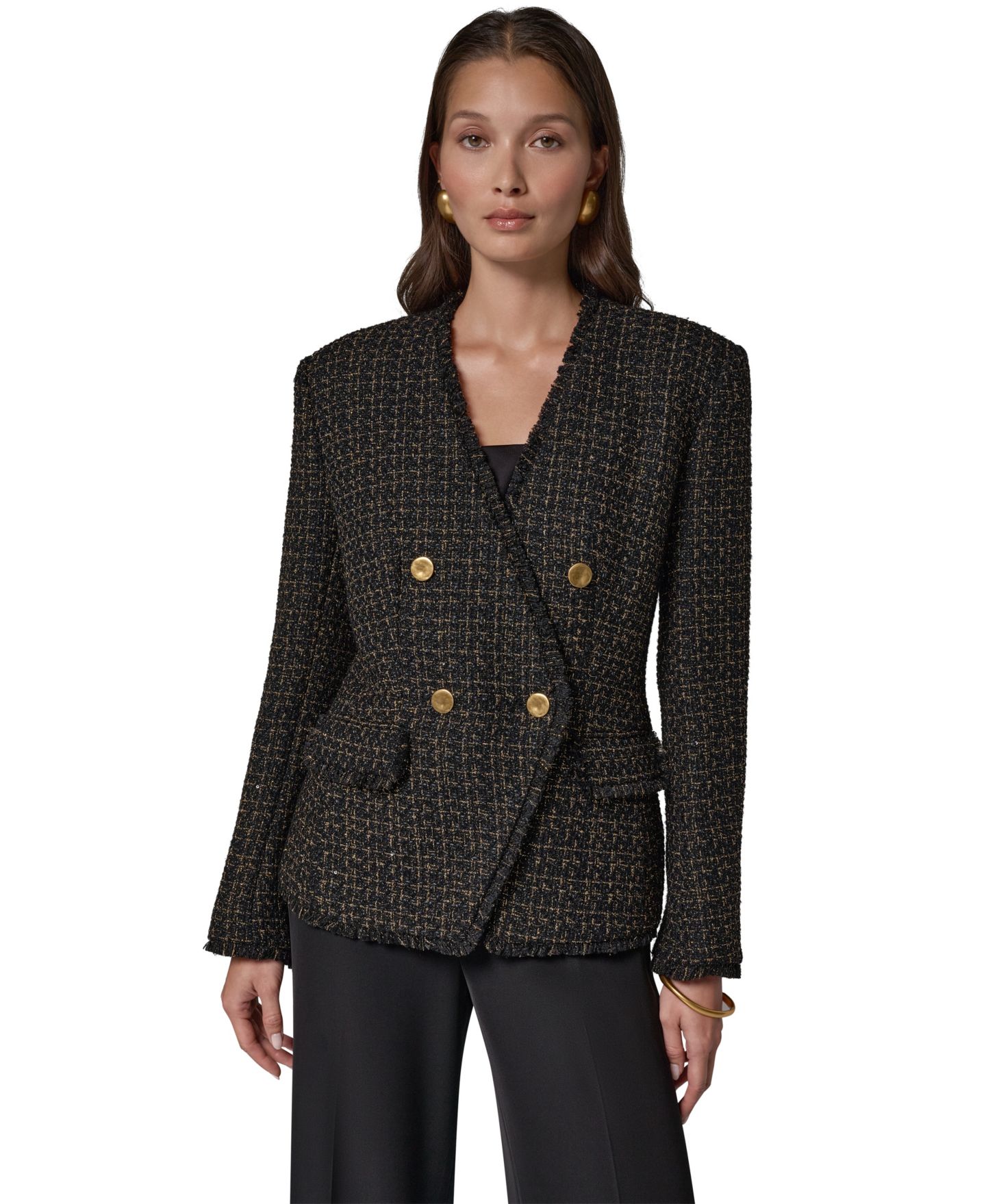 Женский пиджак Donna Karan New York Double Breasted Tweed, цвет: Чёрный / Золотой — фото 5