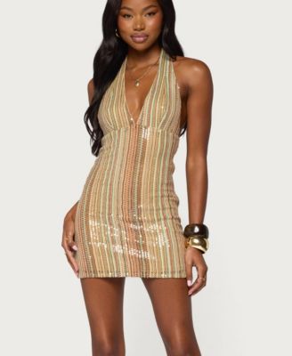 Women's Franki Sequin-Striped Halter Mini Dress