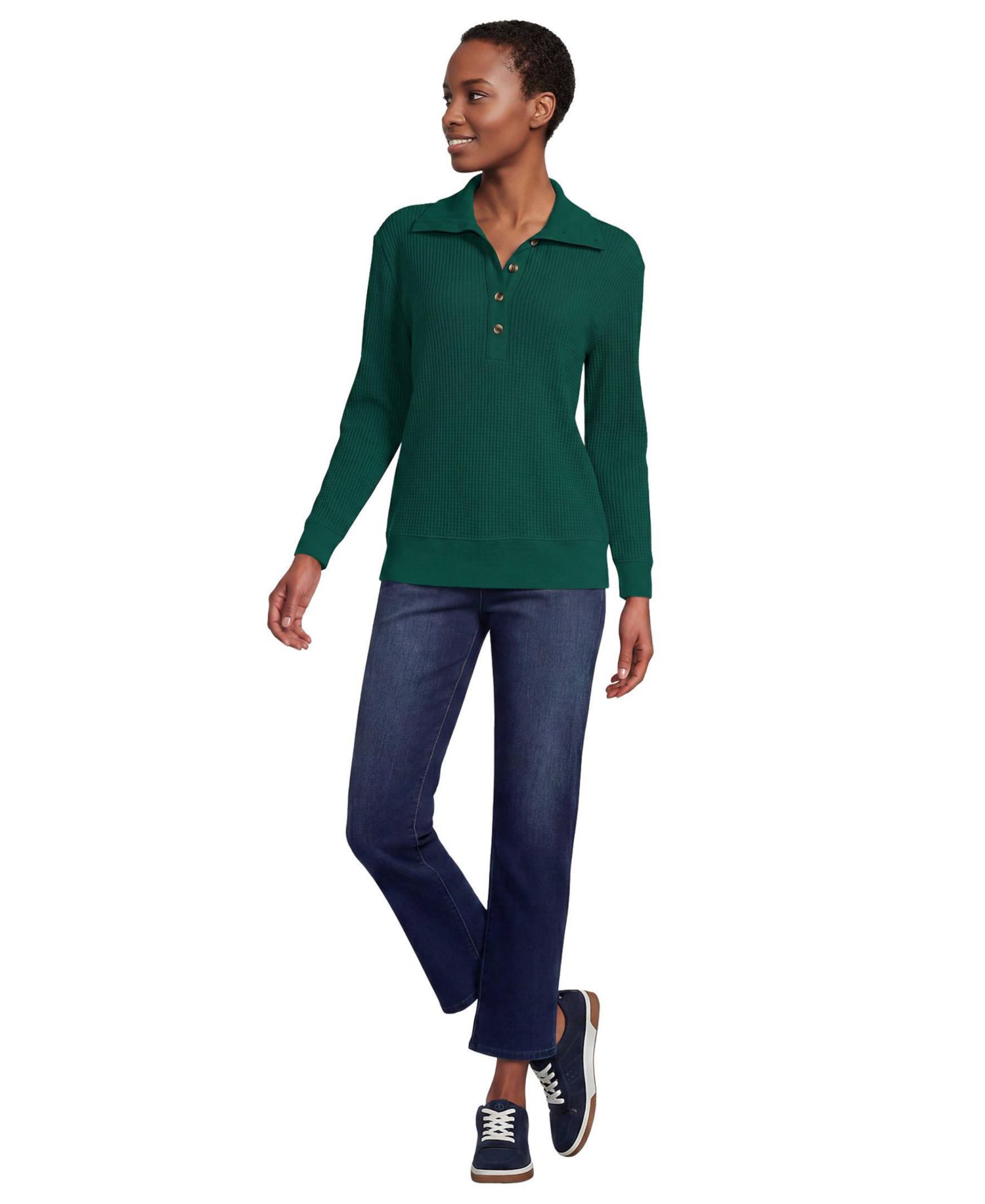 Women's Waffle-Knit Button-Up Long-Sleeve Henley Top