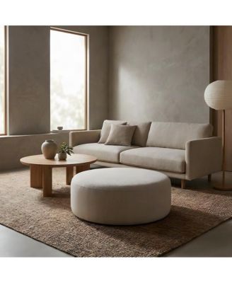 Linen-Upholstered Round Ottoman Foot Stool with Fiber-Wrapped Foam