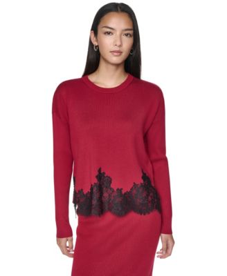 Women's Lace-Trim Long-Sleeve Loose-Fit Sweater