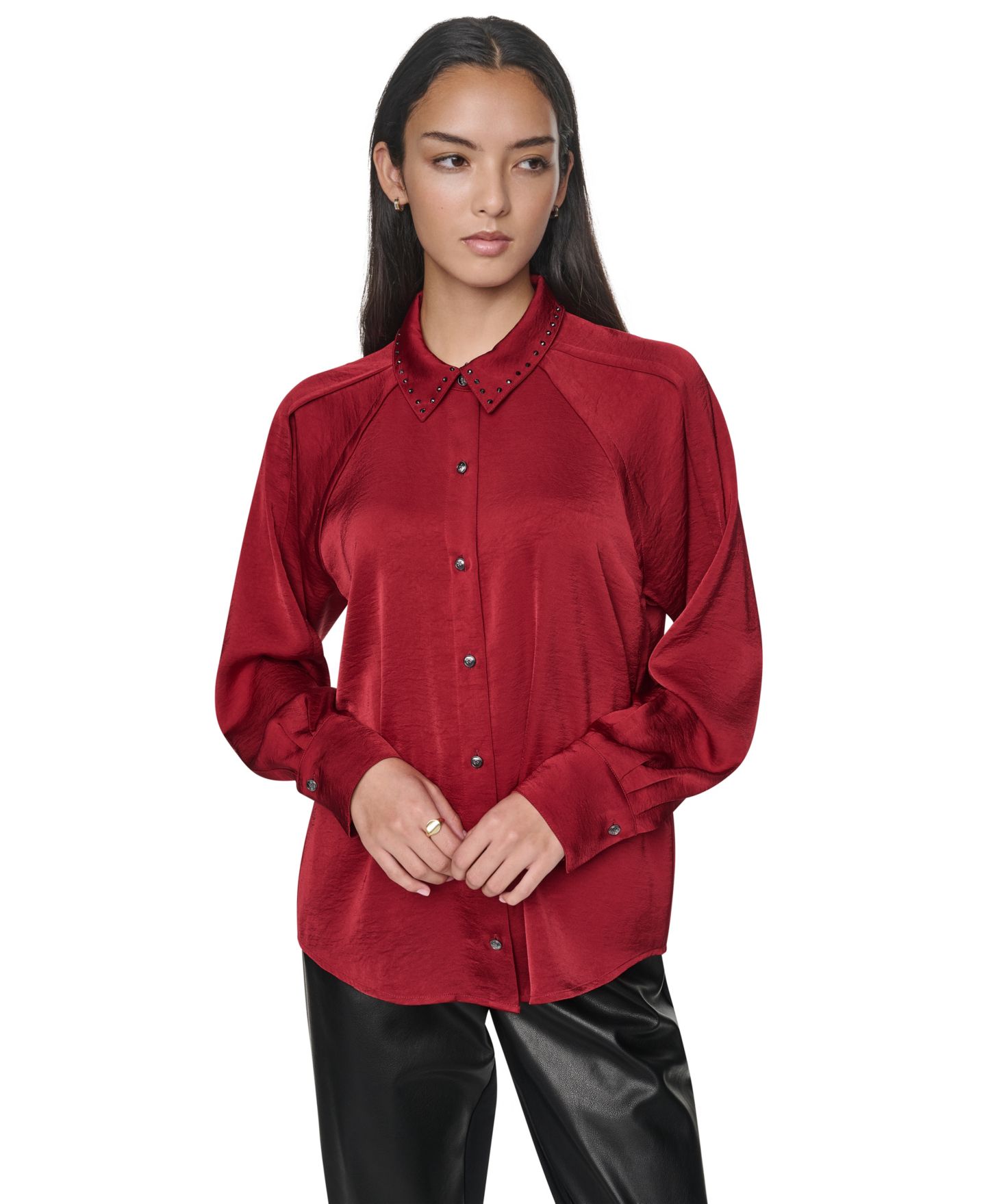 Женская блузка DKNY Studded-Collar Raglan-Sleeve, цвет: Клюквенный — фото 1