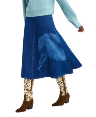 Women's Laser-Print A-Line Denim Midi Skirt