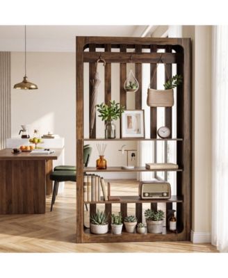 70.9" Room Divider Bookcase with Shelves and Coat Hooks