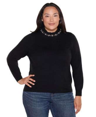 Plus Size Mock Neck Long-Sleeve Embellished Sweater