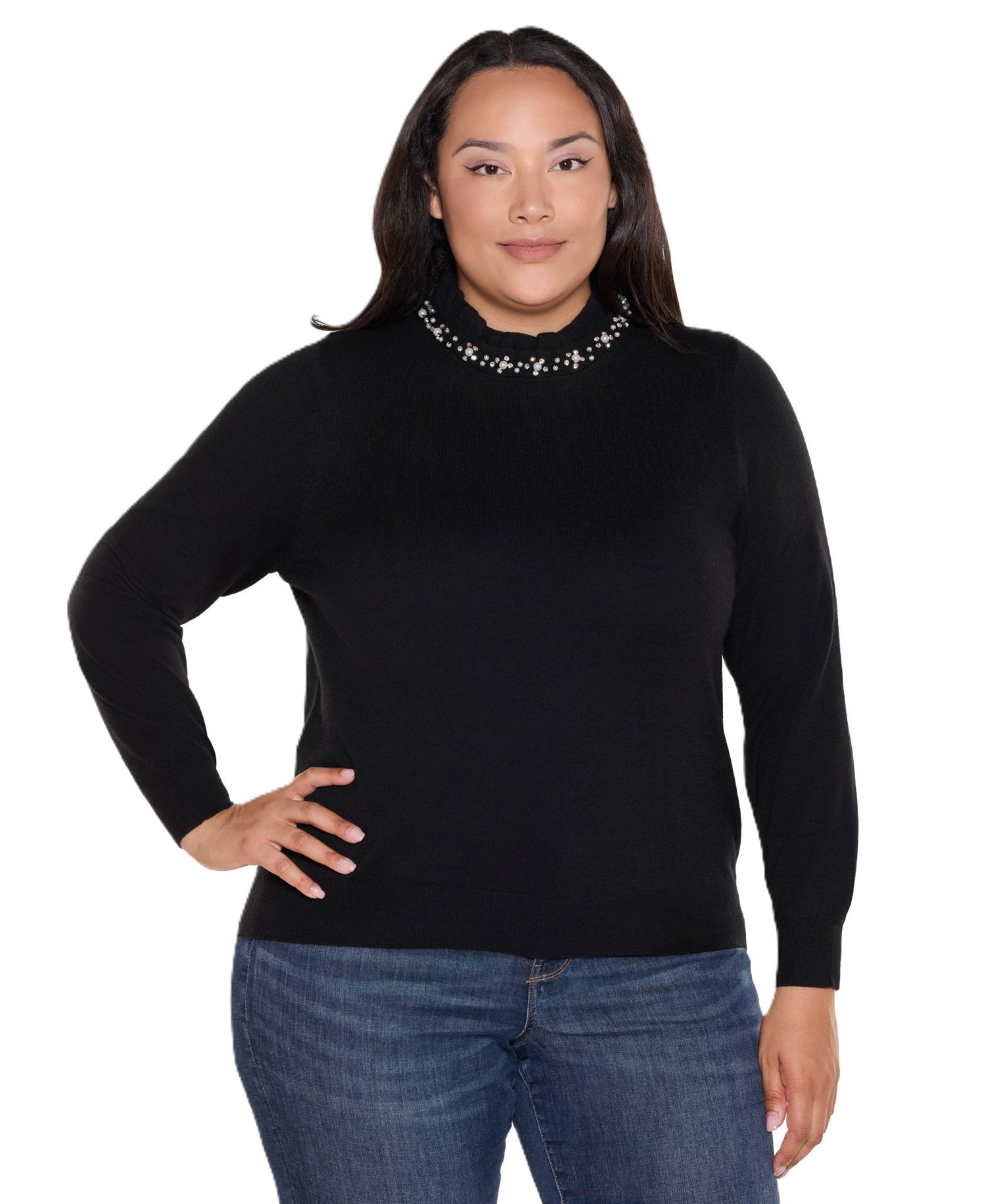 Plus Size Mock Neck Long-Sleeve Embellished Sweater