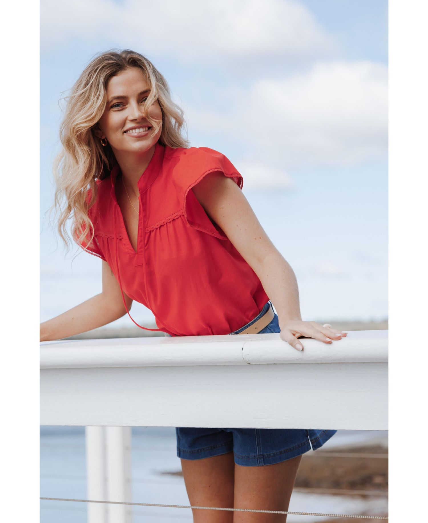 Women's Kylie Cotton-Linen Blend V-Neck Flutter-Sleeve Top