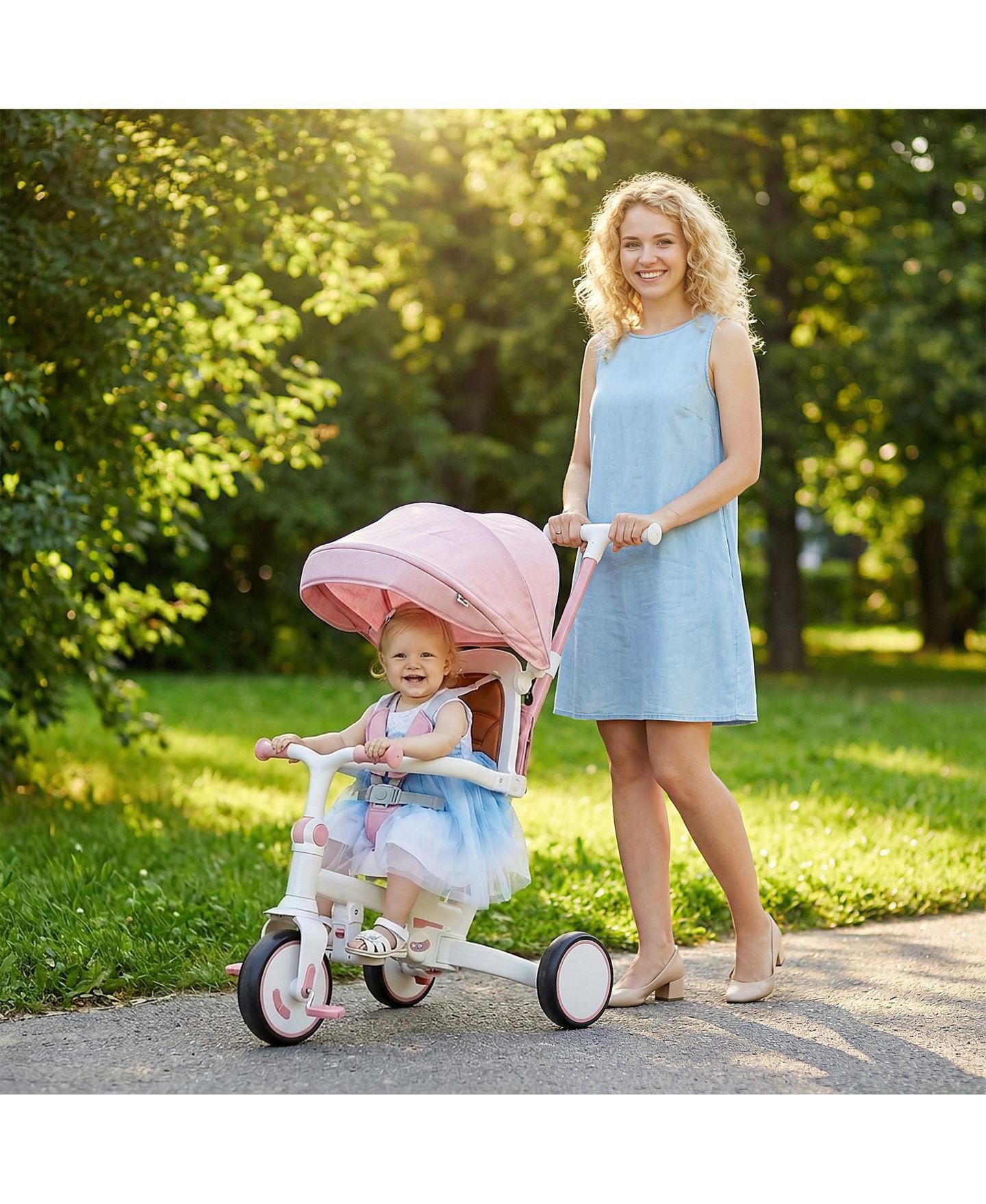 Детский алюминиевый складной велосипед Sevorley с родительской ручкой, 1-5 лет, цвет: Розовый — фото 3