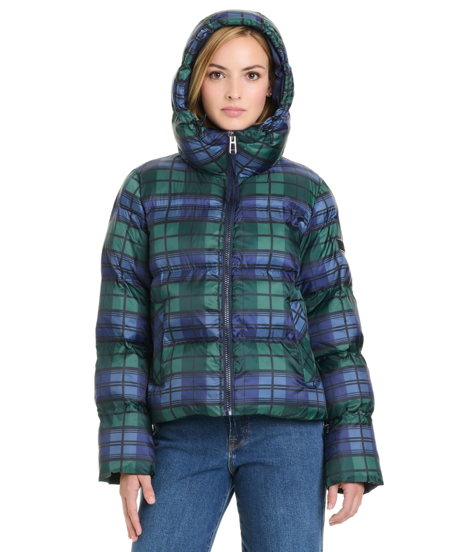 Women's Hooded Plaid Cropped Puffer Jacket