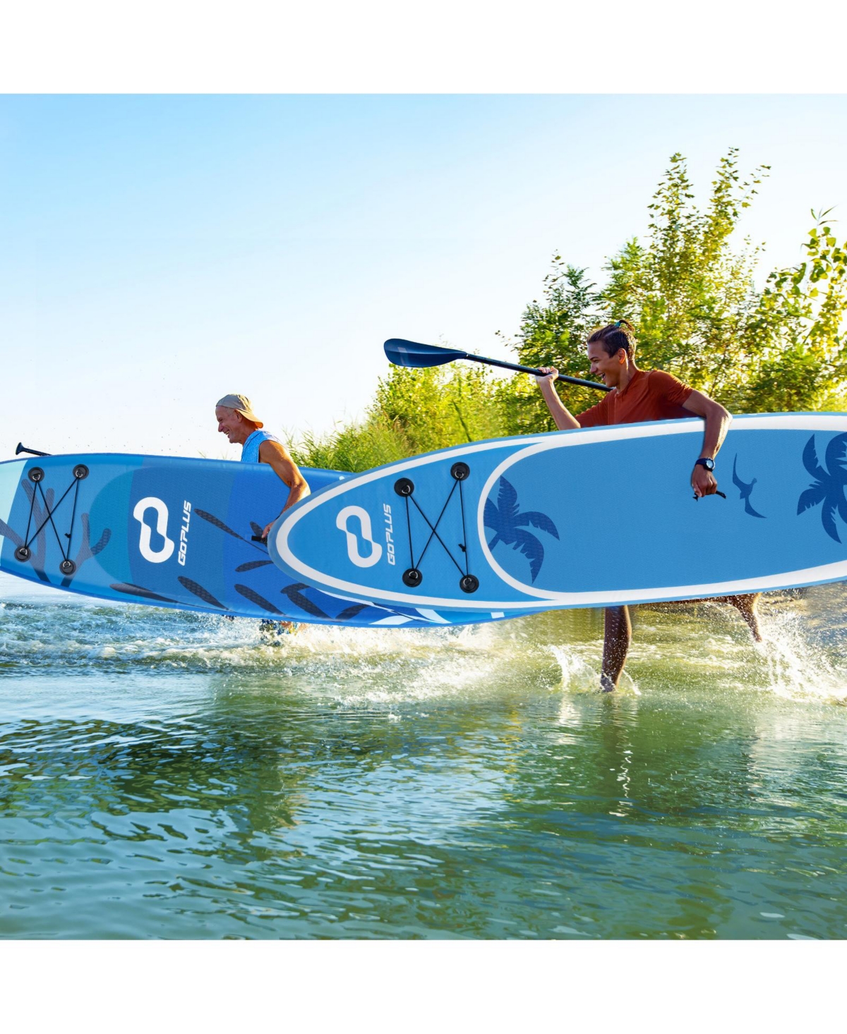 Zeny Inflatable Stand Up Paddleboard, Drop-Stitch, Triple Fins, Adjustable Paddle - Blue and White