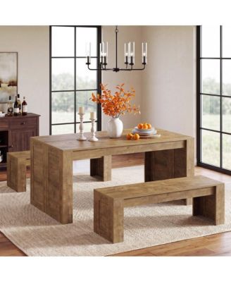 3-Piece Farmhouse Rectangle Dining Table Set with 2 Benches