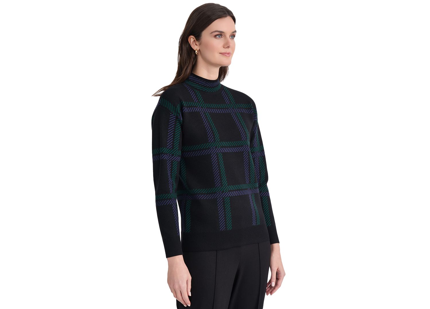 Petite Mock Neck Plaid Long-Sleeve Sweater