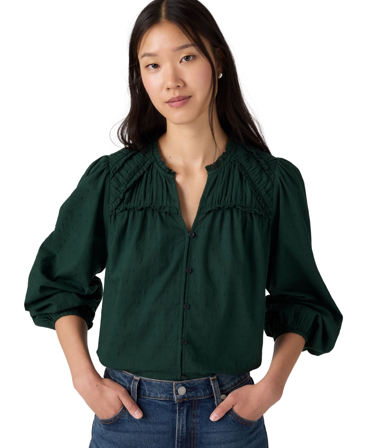Levi's Women's Lee V-Neck Swiss Dot Long-Sleeve Blouse