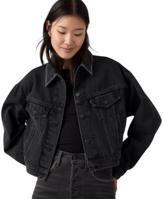 Women's Rhinestone Shrunken 90s Cropped Relaxed-Fit Denim Jacket
