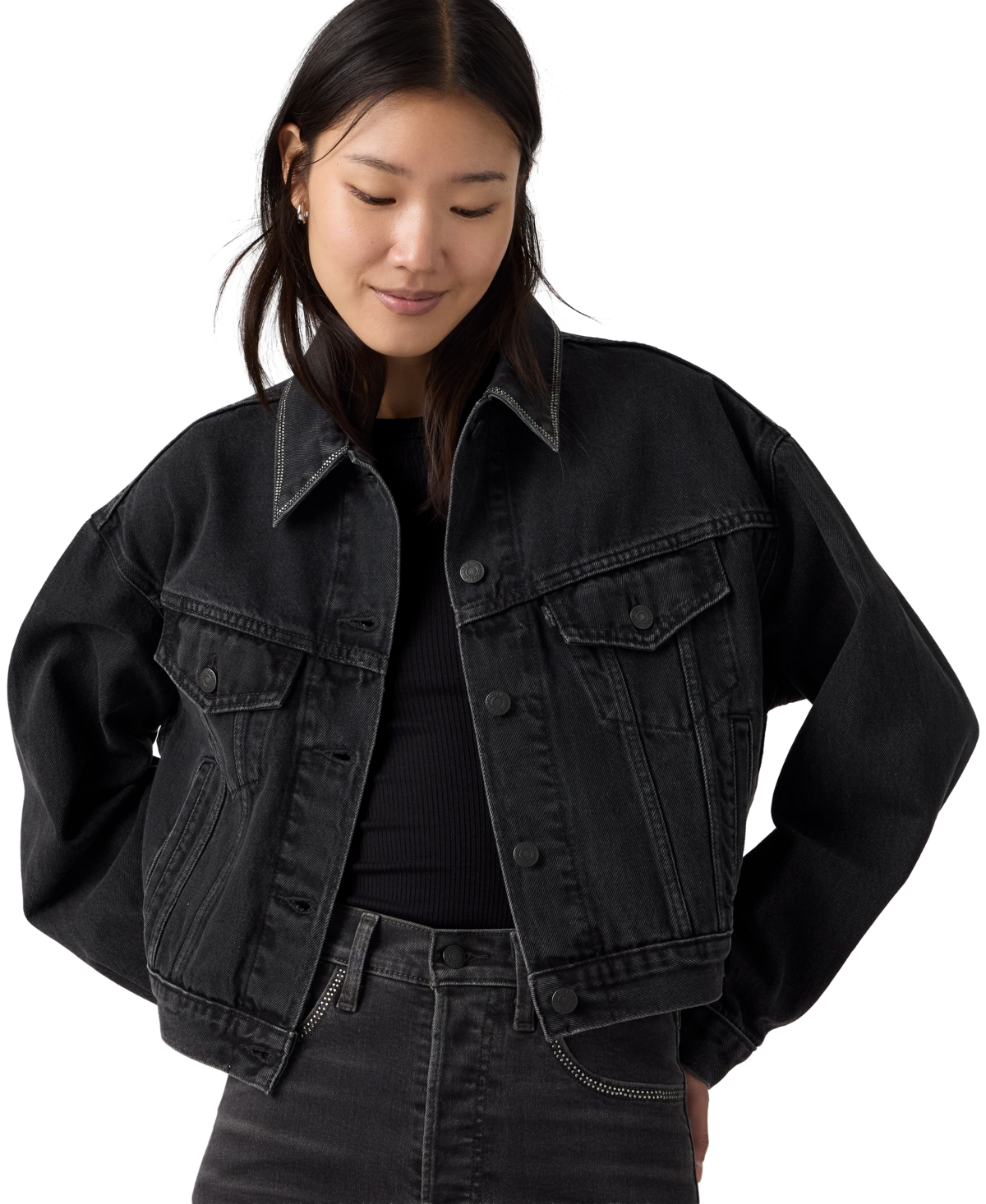 Levi's Women's Rhinestone Shrunken 90s Cropped Relaxed-Fit Denim Jacket - Road Less Traveled