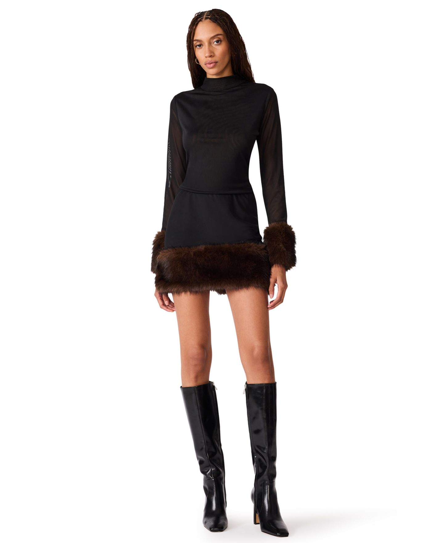 Женская блузка Steve Madden Lilienne Knit Top Faux Fur Mock Neck Sheer, цвет: Чёрный — фото 2