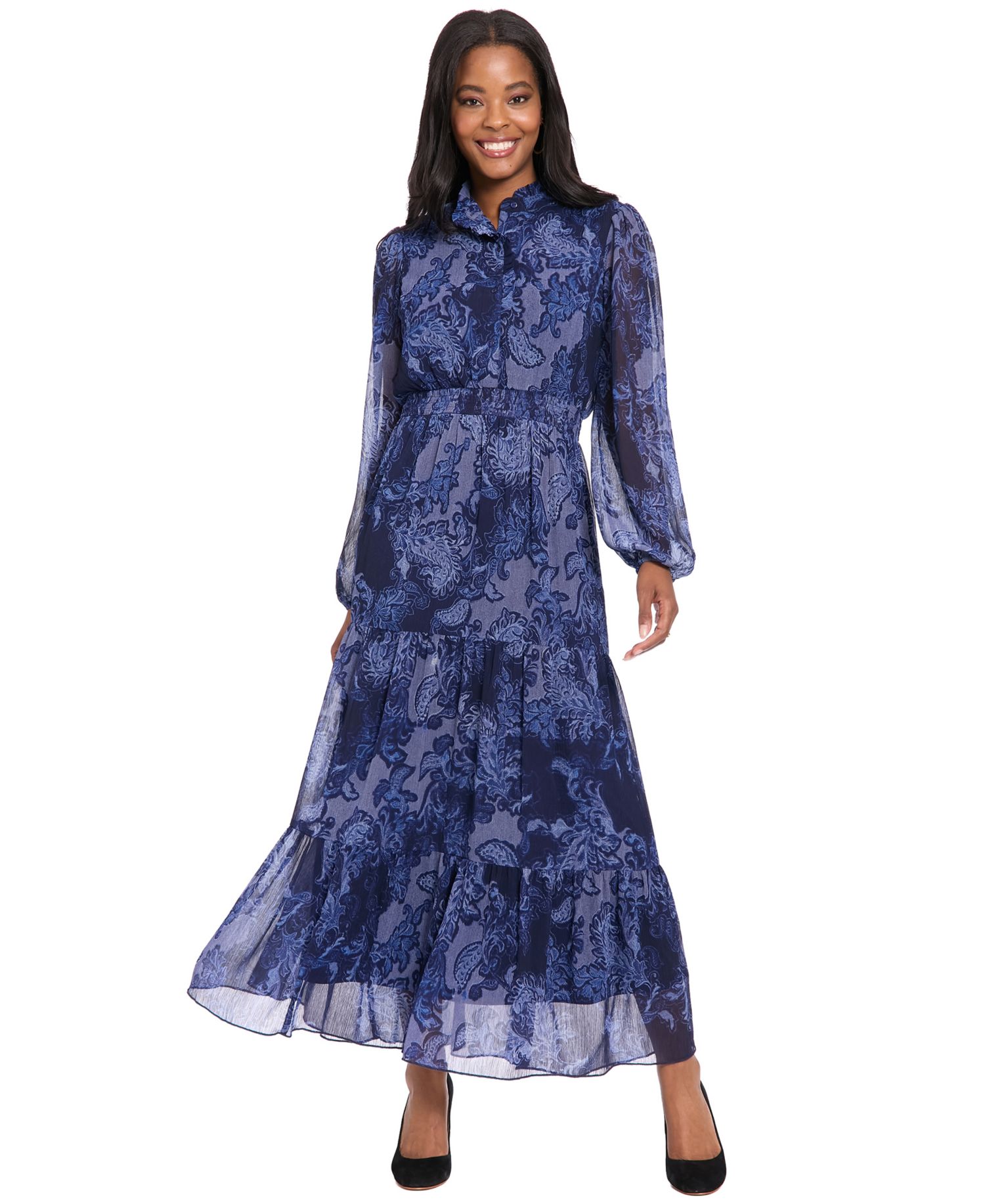 Women's Printed Tiered Mock Neck Maxi Dress