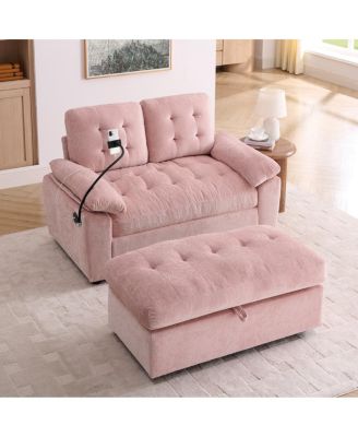 Double Reclining Sofa Chair with USB Port, Phone Stand and Storage Ottoman