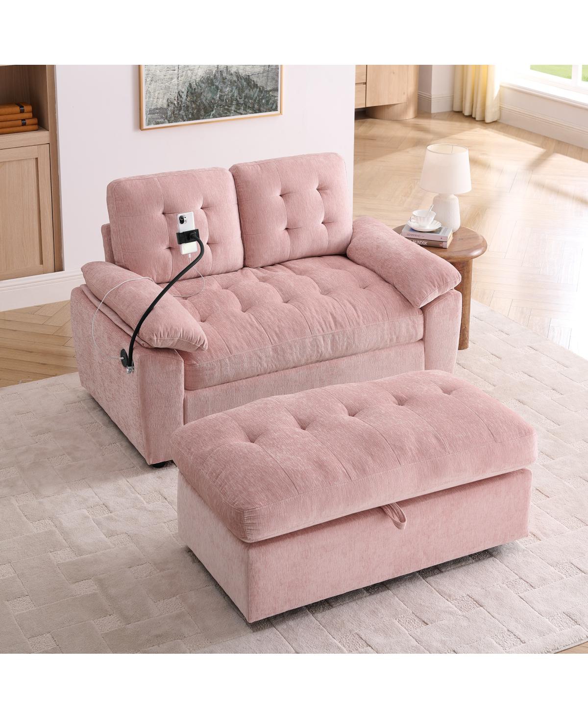 Streamdale Furniture Double Reclining Sofa Chair with Usb Port, Phone Stand and Storage Ottoman