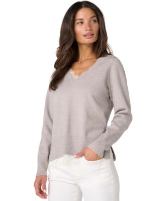 Women's V-Neck Long-Sleeve Lace Trim Sweater