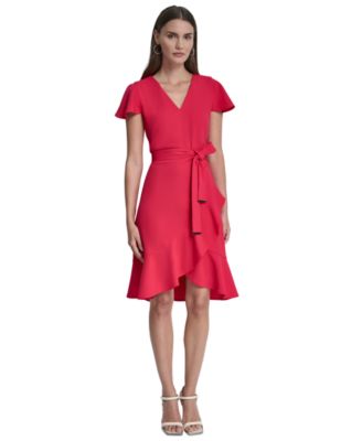Women's Flutter Short-Sleeve V-Neck Faux-Wrap Dress