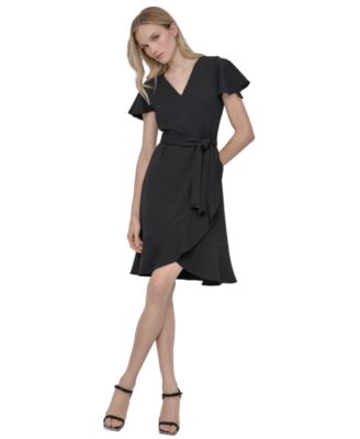 Women's Flutter Short-Sleeve V-Neck Faux-Wrap Dress