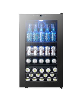 Beverage Refrigerator 130 Cans 34-54degree Mini Fridge With Glass Door Movable Rack LED Light For Soda Water Beer Portable For Home and Office