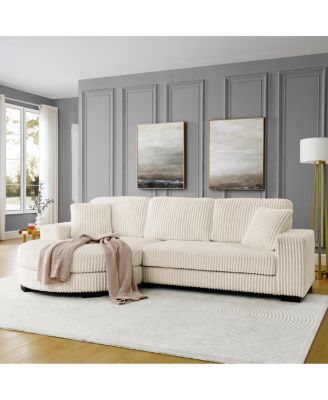 Corduroy Tufted L-Shaped Sleeper Sectional Sofa with Moveable Footstool