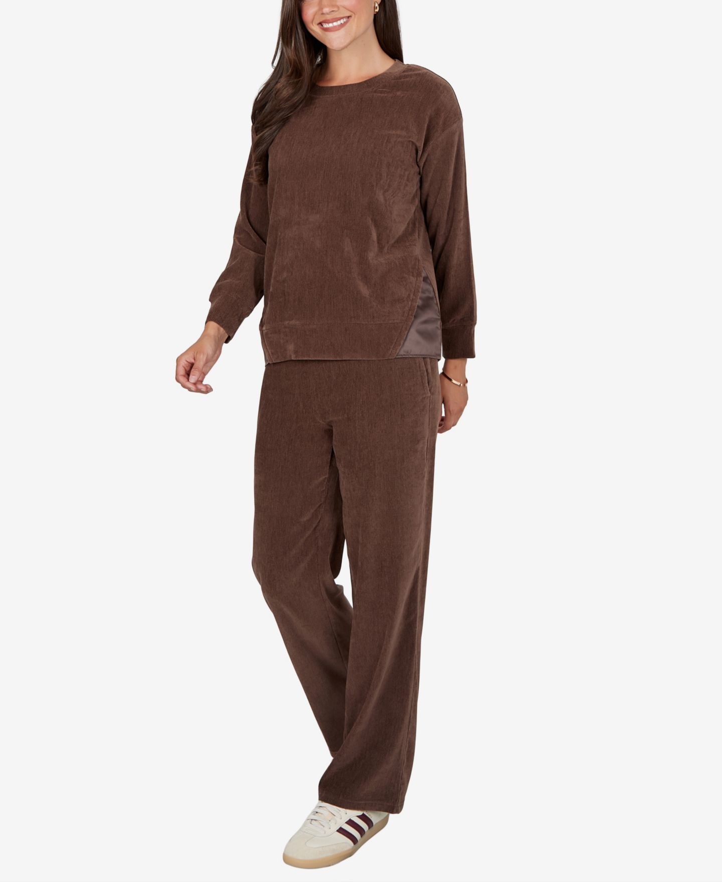 Женский свитер Ruby Rd. Petite Crewneck Long-Sleeve Side-Slit Corduroy Pullover, цвет: Какао — фото 2