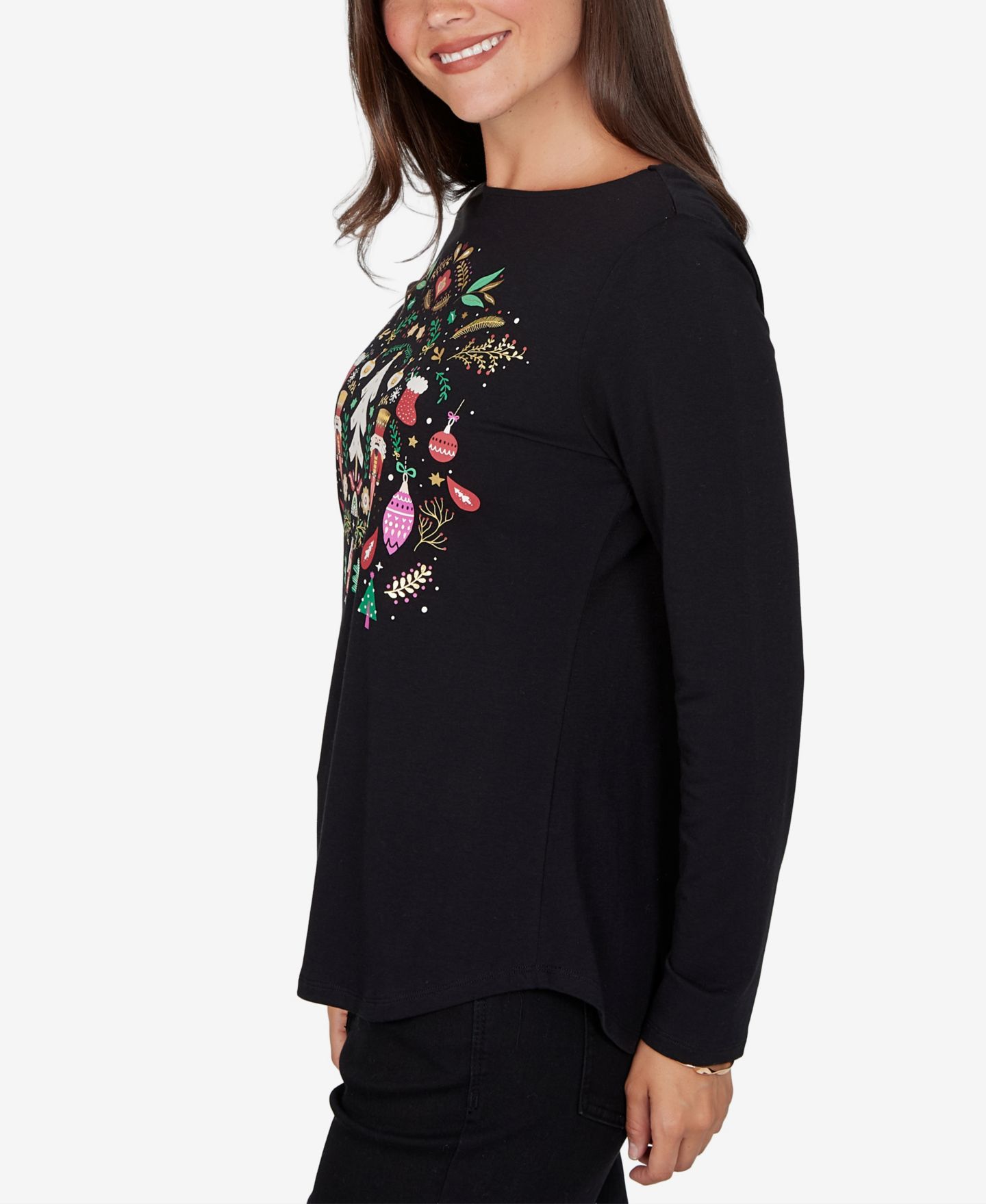 Женская футболка Ruby Rd. Petite Nutcracker Long-Sleeve Boat Neck, цвет: Чёрный разноцветный — фото 3