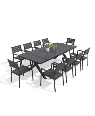 11-Piece Outdoor Patio Dining Table Set All-Weather 94" Aluminum Table with Umbrella Hole Stackable Chairs