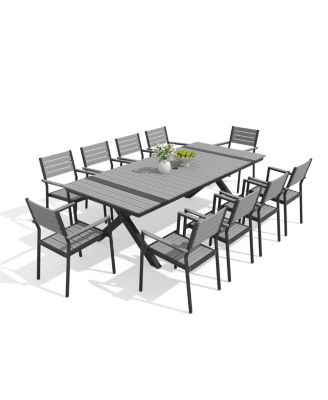 11-Piece Outdoor Patio Dining Table Set All-Weather 94" Aluminum Table with Umbrella Hole Stackable Chairs