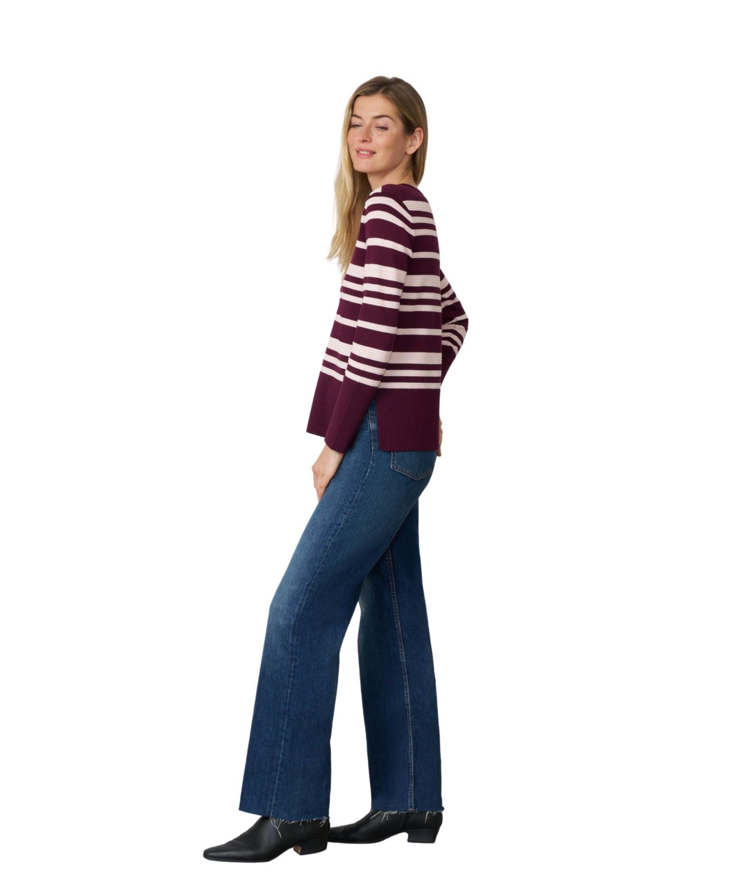 Women's Textured Stripe V-Neck Long-Sleeve Sweater