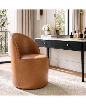 Rolling Upholstered Vanity Chair, Faux Leather Swivel Makeup Chair, Fully Assembled
