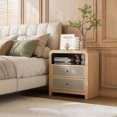 Bedroom Nightstand with 2 Drawers and Built in Charging Station, MDF Bedside Storage Cabinet